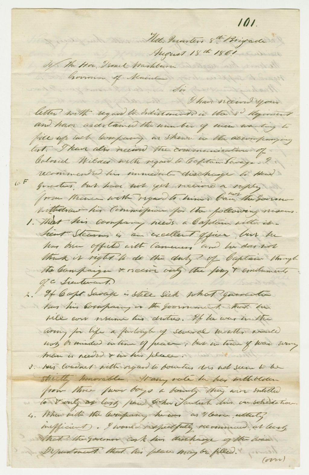 Miniature of Colonel Howard writes Governor Washburn about the status of the regiment
