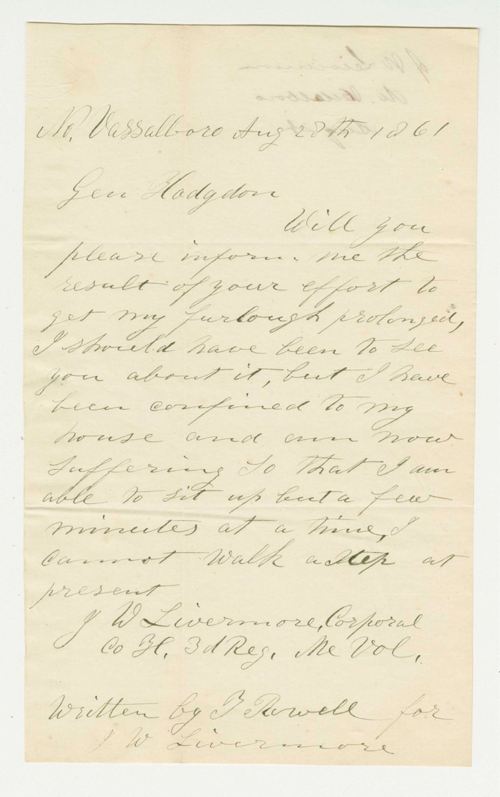 Miniature of Corporal Livermore requests his furlough be extended due to illness