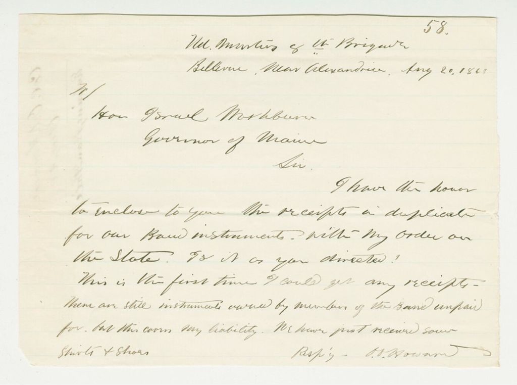 Miniature of Colonel Howard forwards receipts to Governor Washburn