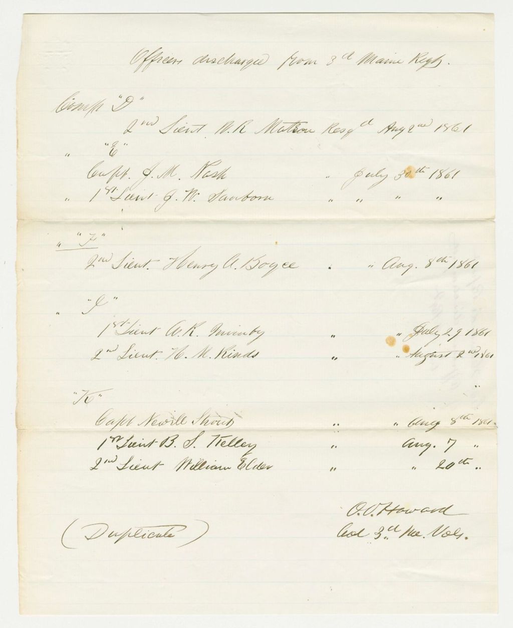 Miniature of Colonel Howard's report of officers discharged from the regiment