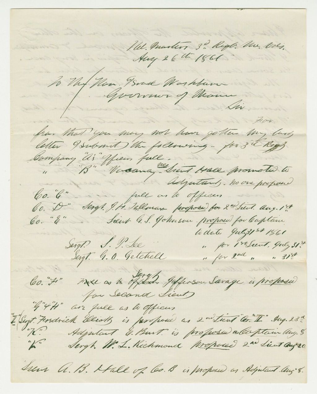 Miniature of Colonel Howard sends his list of recommended appointments