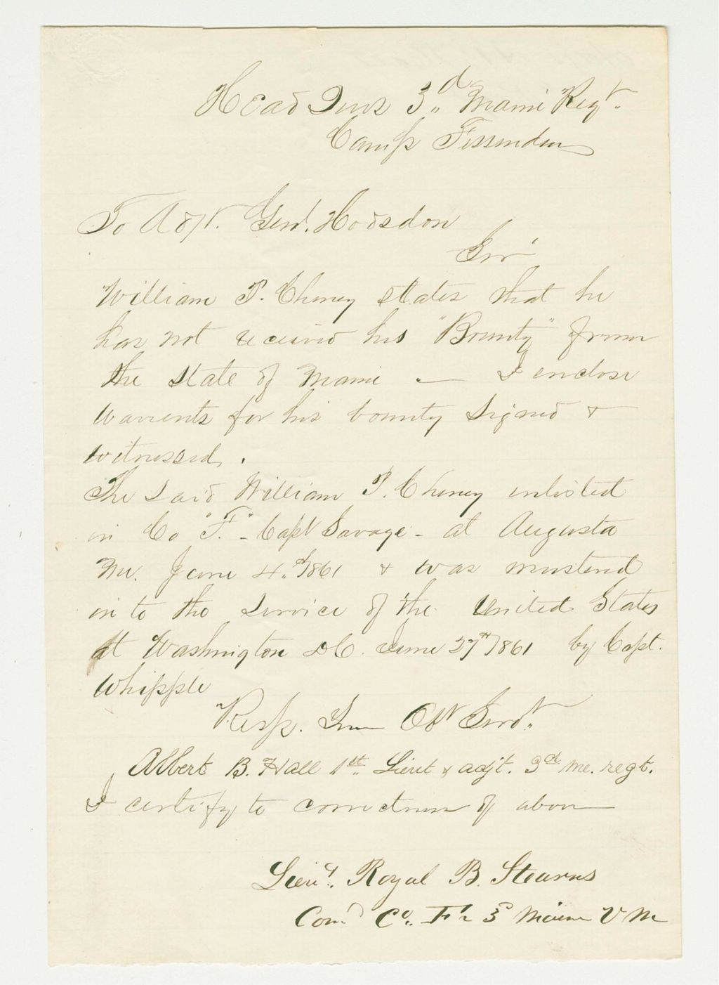 Miniature of Lieutenant Albert B. Hall requests information on bounty due William Cheney