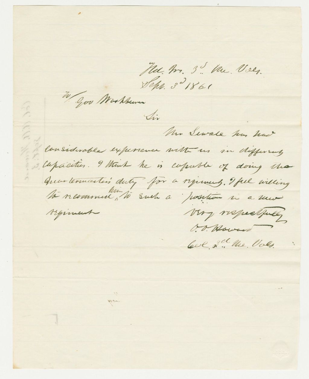 Miniature of Colonel Howard recommends Mr. Sewall for Quarter Master