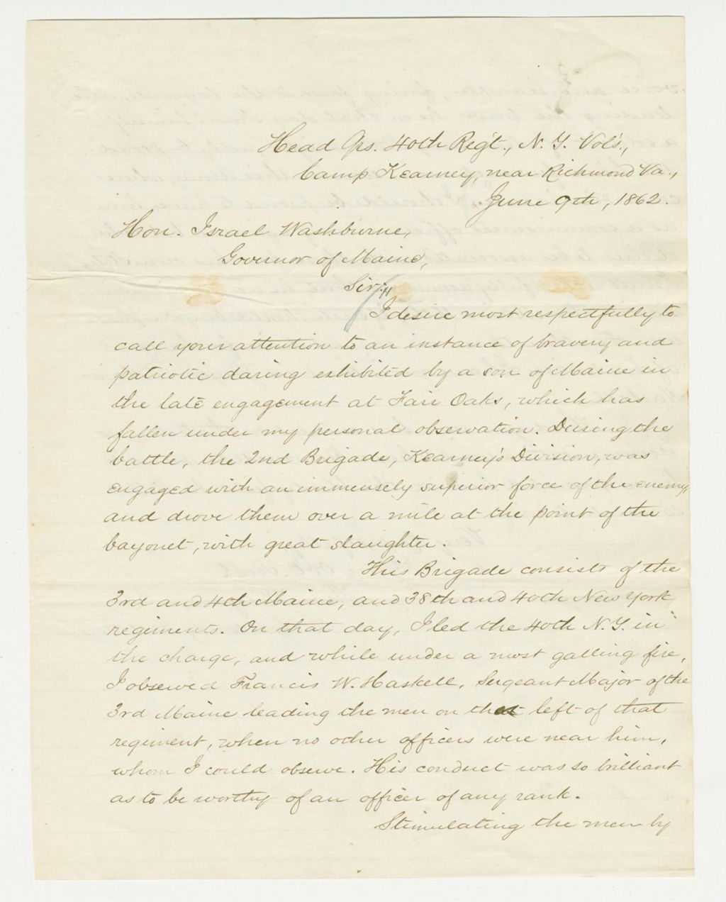 Miniature of Colonel Staples informs Governor Washburn of resignation of Captain George Andrews