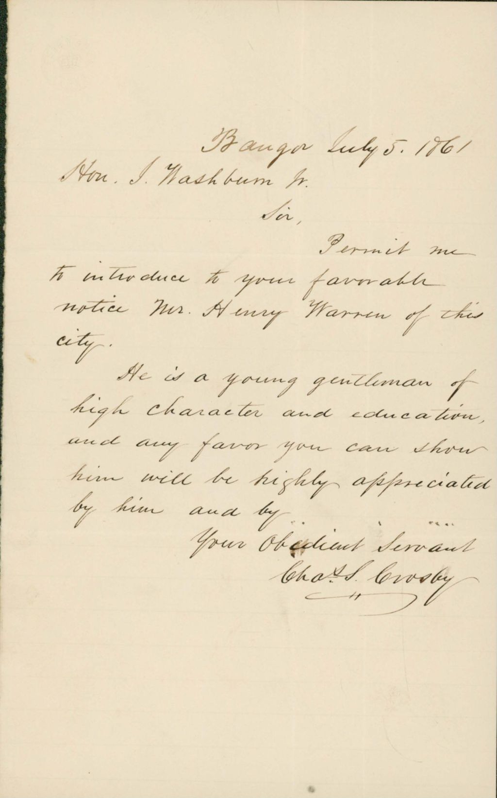 Miniature of Knight Letter to Governor Washburn Requesting a Position, July 31, 1861