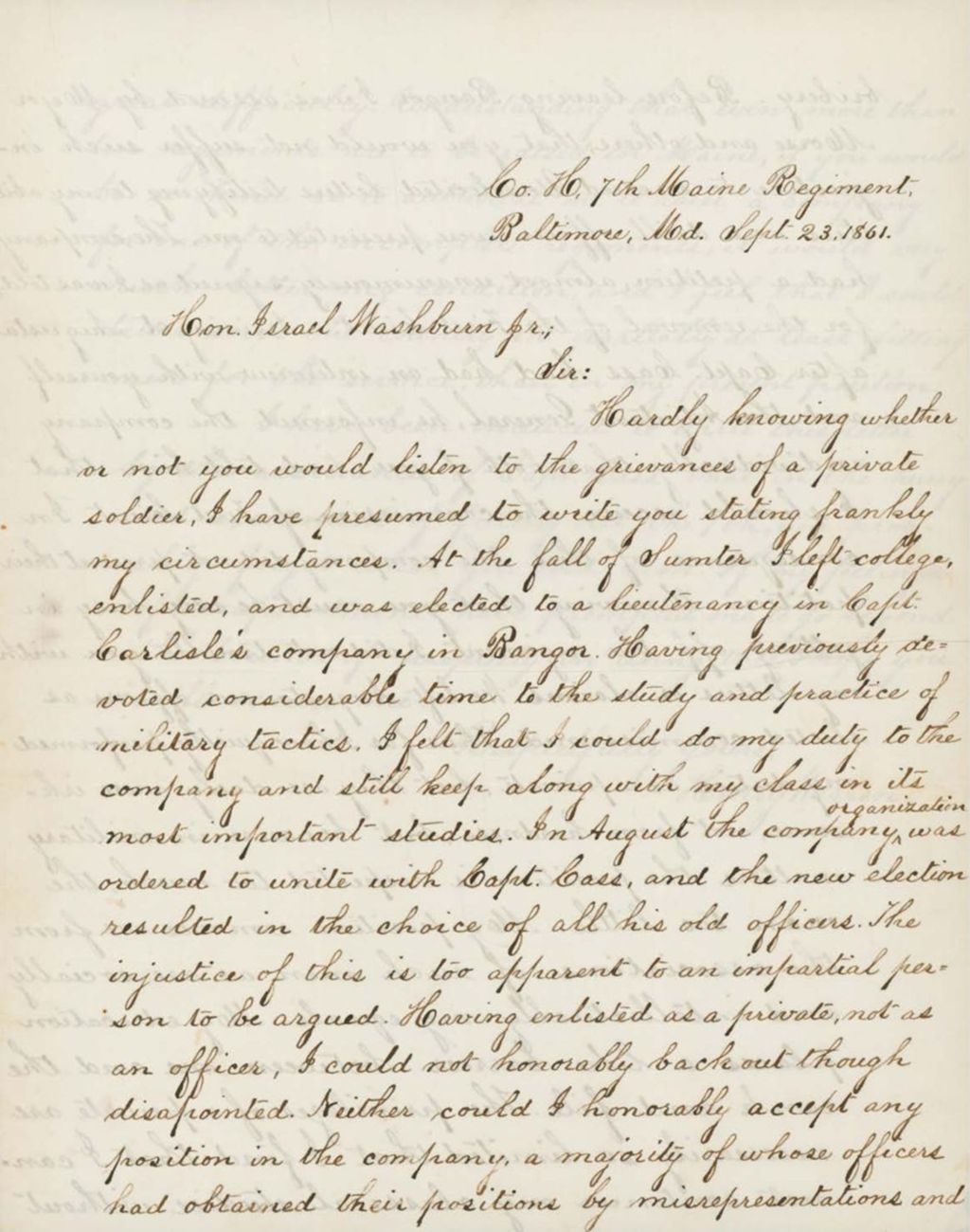 Miniature of Warren Letter to Governor Washburn, September 23, 1861