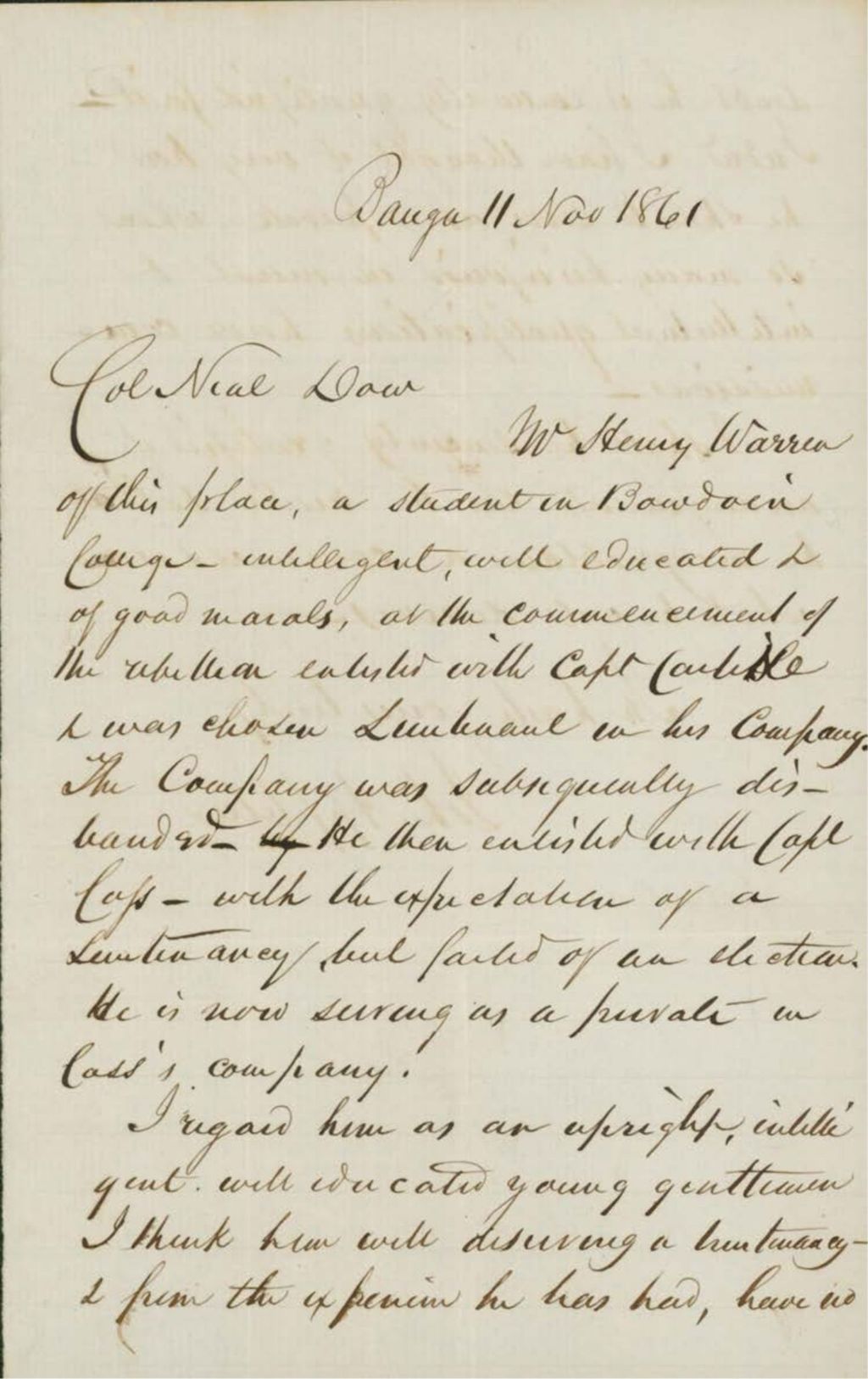 Miniature of Jewett Letter to Dow Regarding the Promotion of Warren, November 13, 1861