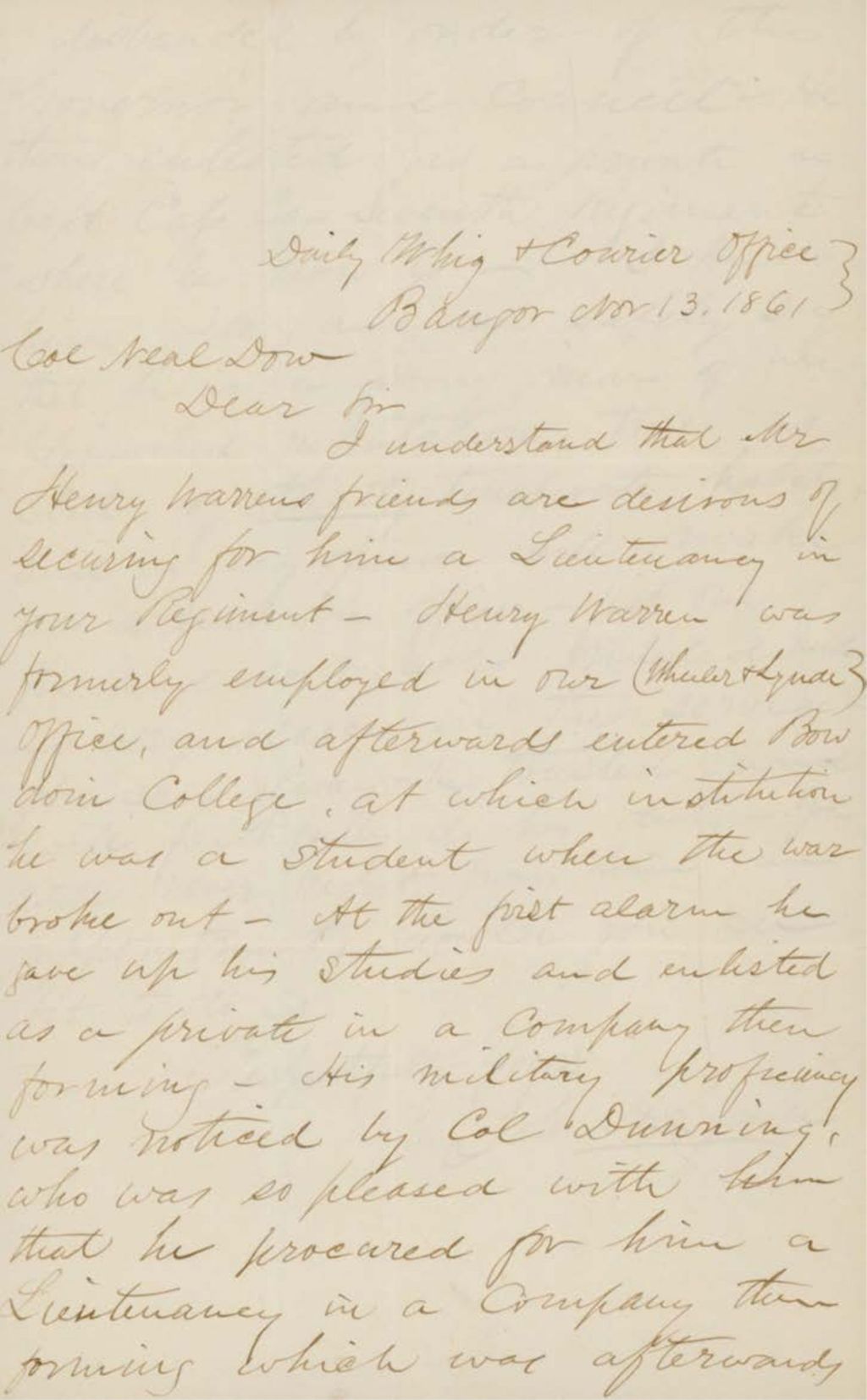Miniature of Coburn Letter to Governor Washburn Requesting that Fletcher Raise a Company, November 14, 1861