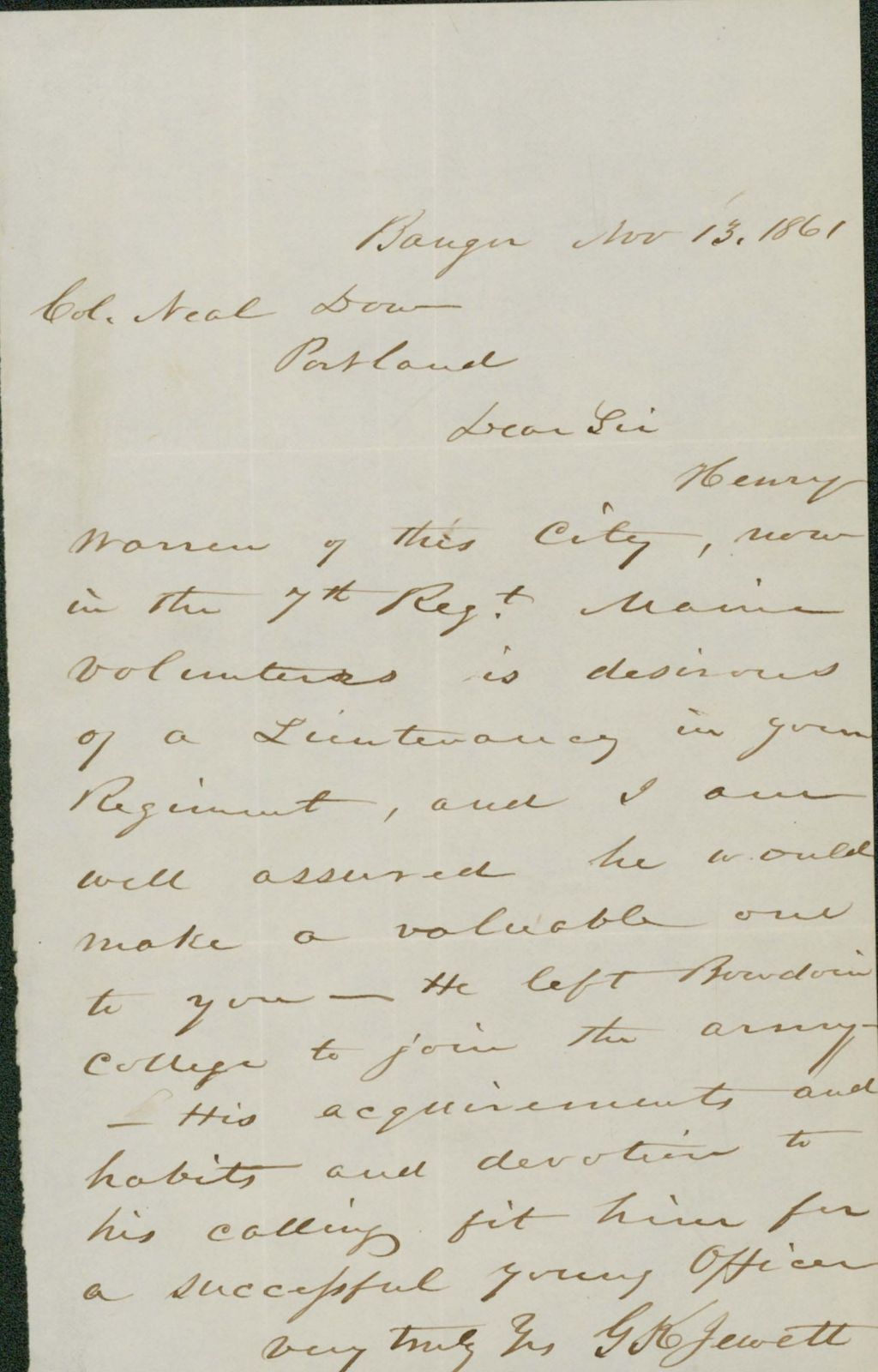 Miniature of Letter from Gilman Regarding the Enlistment of Smith, November 28, 1861