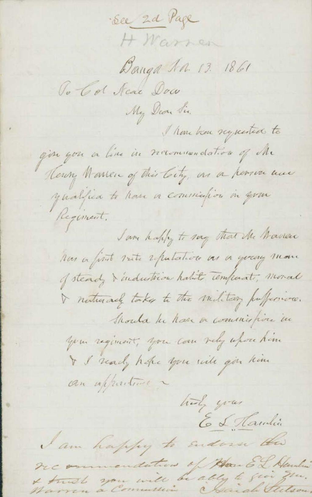 Miniature of Cogwell Letter to Hodsdon Regarding Smith, December 2, 1861