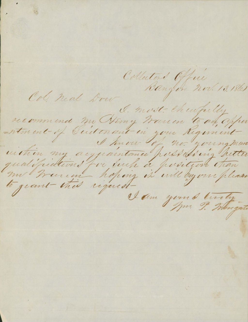Miniature of Johnson Letter to Governor Washburn Requesting Permission to Return and Recruit, November 3, 1861