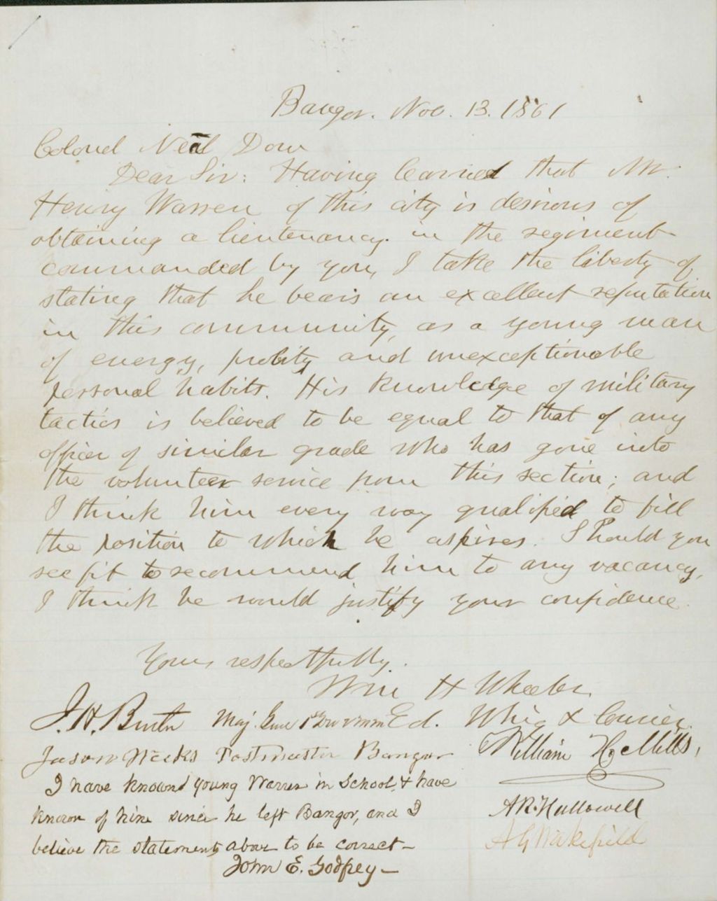 Miniature of Mason Letter to Governor Washburn Regarding the Consolidation of Companies, November 9, 1861