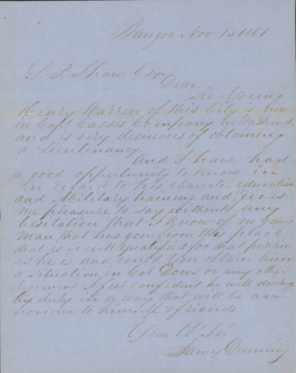 Miniature of Letter to Dow Regarding the Promotion of Warren, November 13, 1861