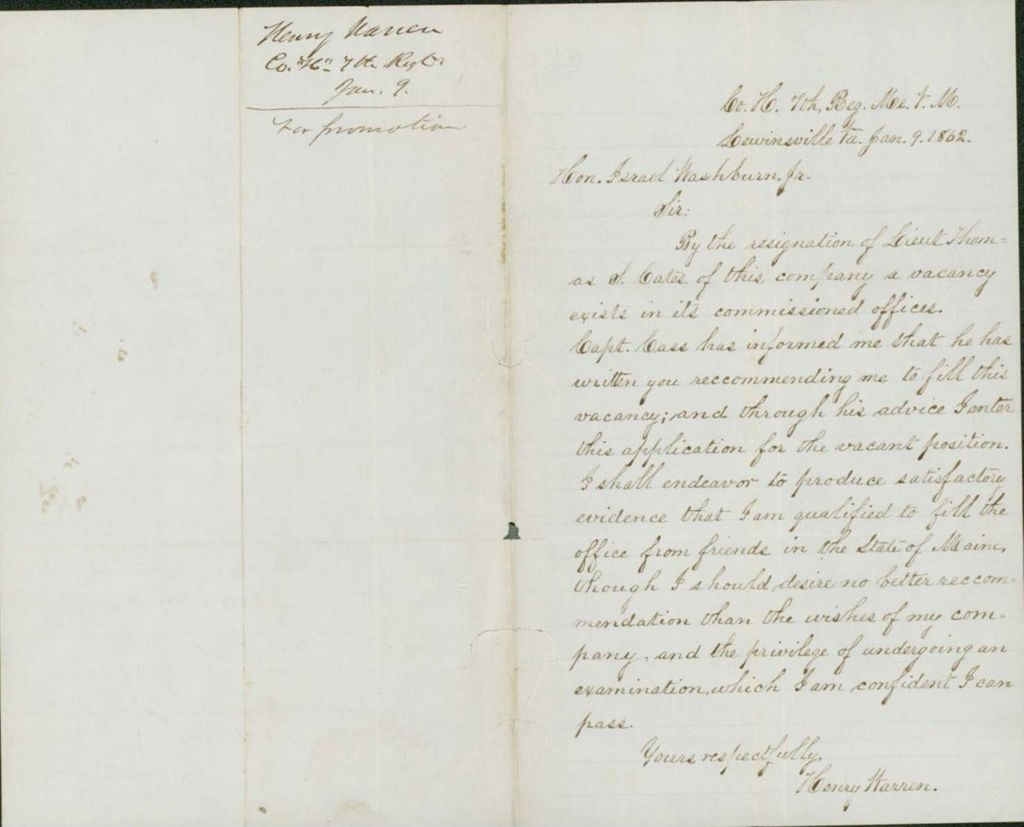 Miniature of Mason Letter to Governor Washburn Regarding the Promotion of Warren, January 21, 1862