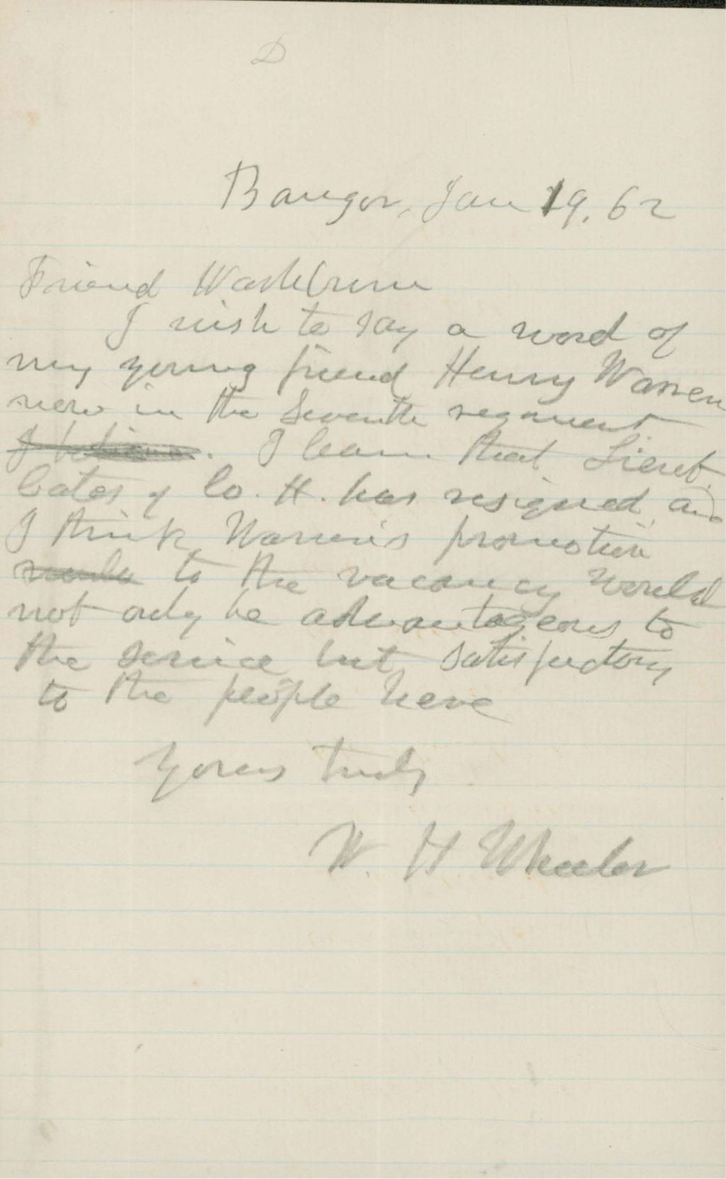 Miniature of Snow Letter to Governor Washburn Requesting a Promotion, January 5, 1862
