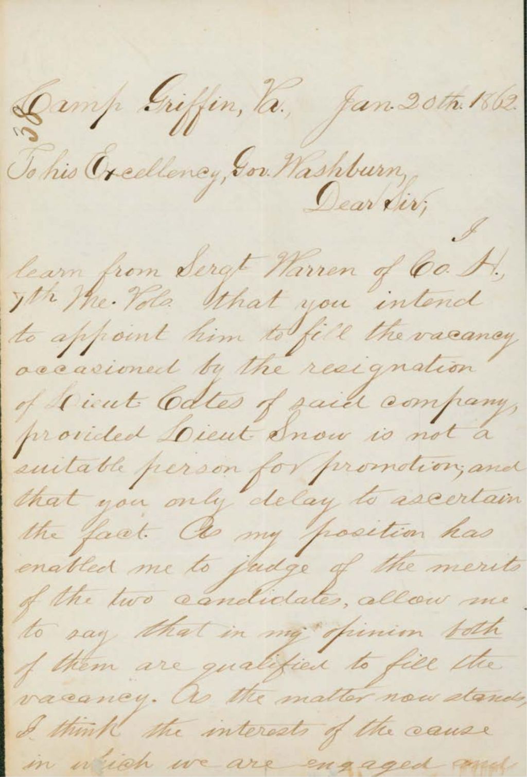 Miniature of Mason Letter to Governor Washburn Regarding the Recommendation of Folsom, January 8, 1862