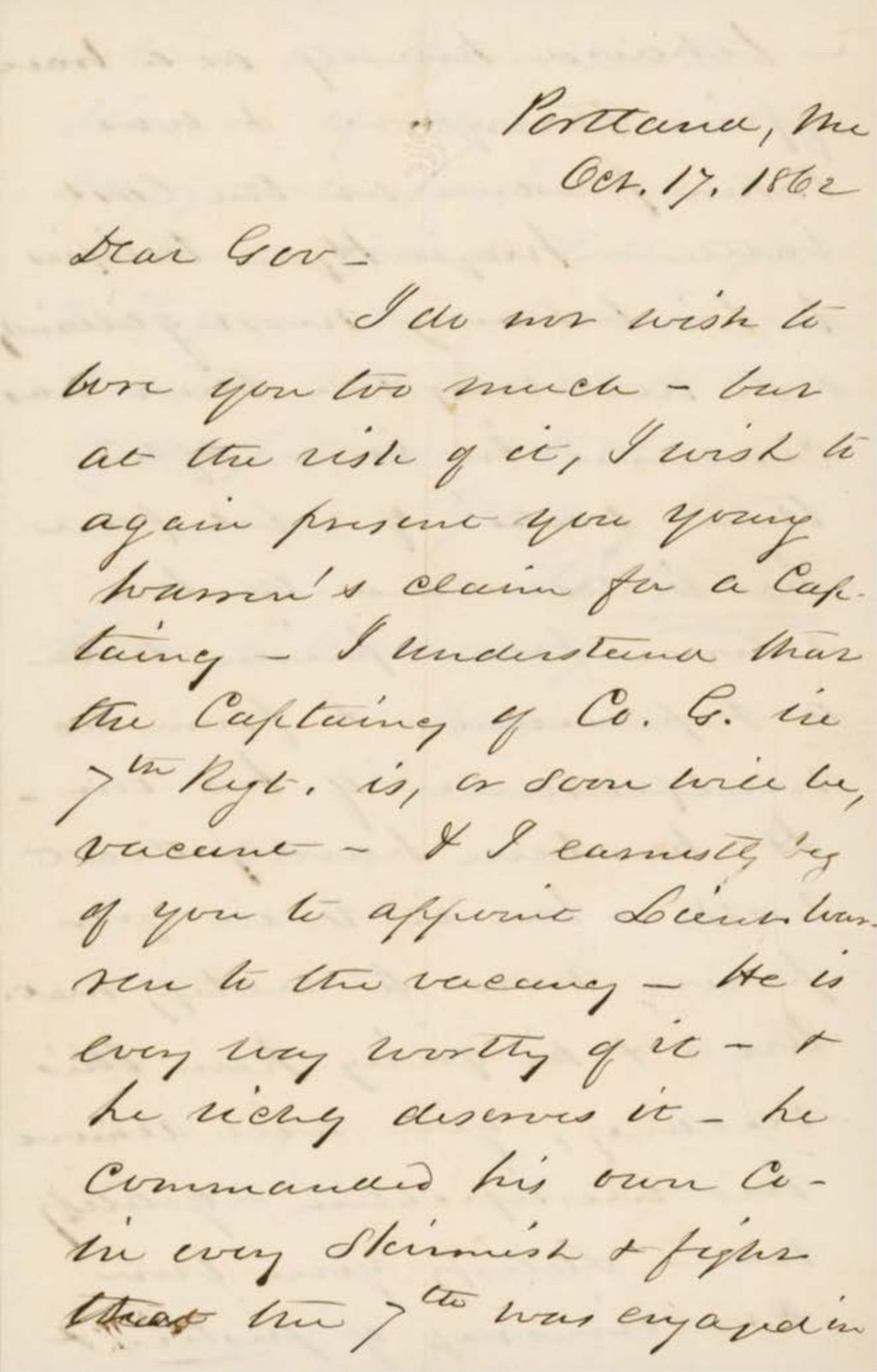 Miniature of Shaw Letter to Governor Washburn Regarding the Promotion of Warren, October 17, 1862