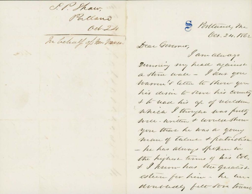 Miniature of Shaw Letter to Governor Washburn Regarding the Promotion of Warren, October 24, 1862