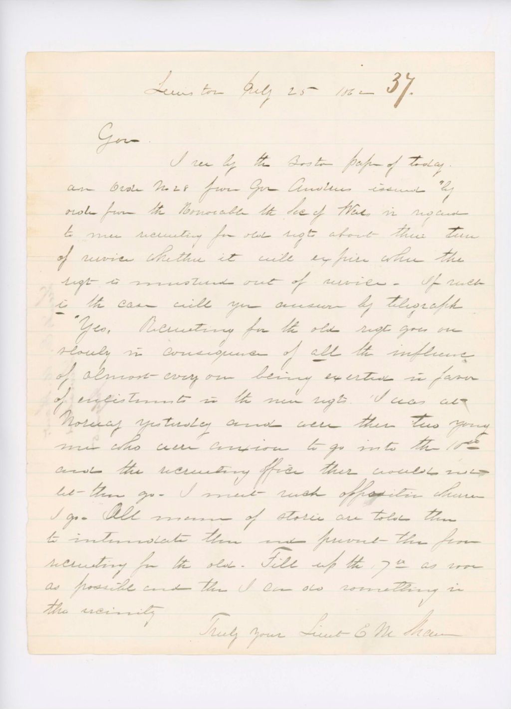 Miniature of Dole Letter to Governor Washburn Regarding Hamilton, July 8, 1862