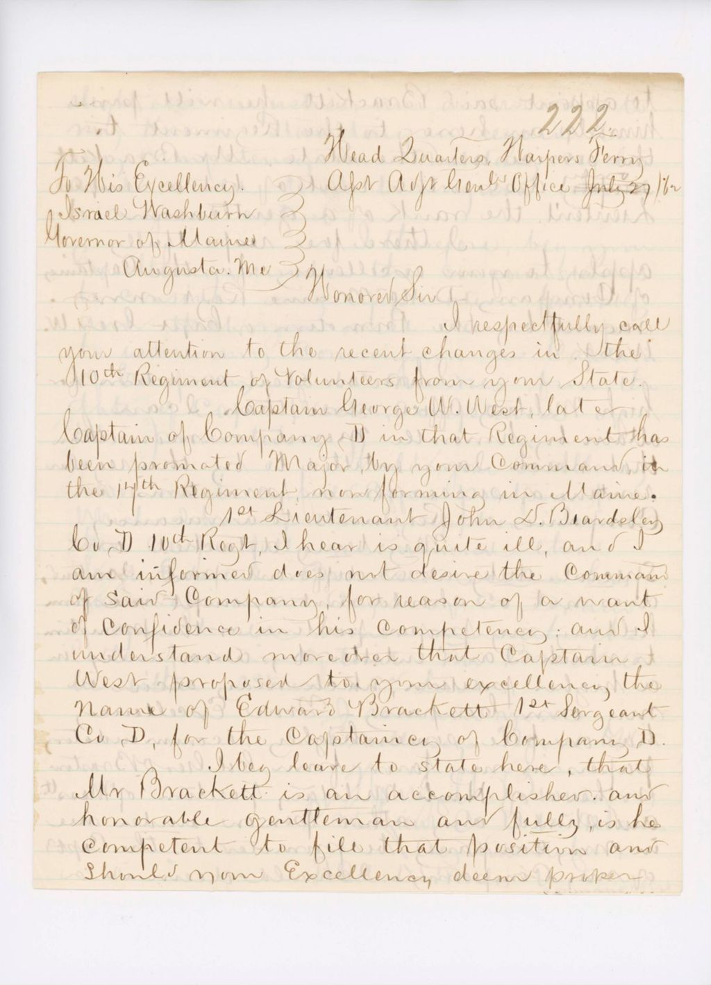 Miniature of Letter from Leavitt Regarding the Promotion of Hamilton, July 8, 1862