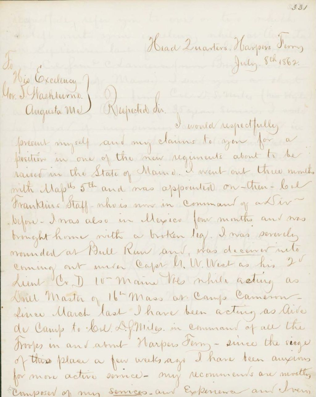 Miniature of Fillebrown Letter to Hodsdon Regarding Reports, November 8, 1862