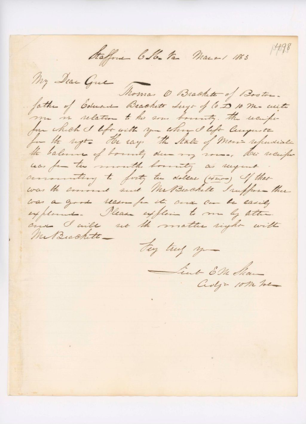 Miniature of Shaw Letter to Hodsdon Regarding Brackett, March 1, 1863