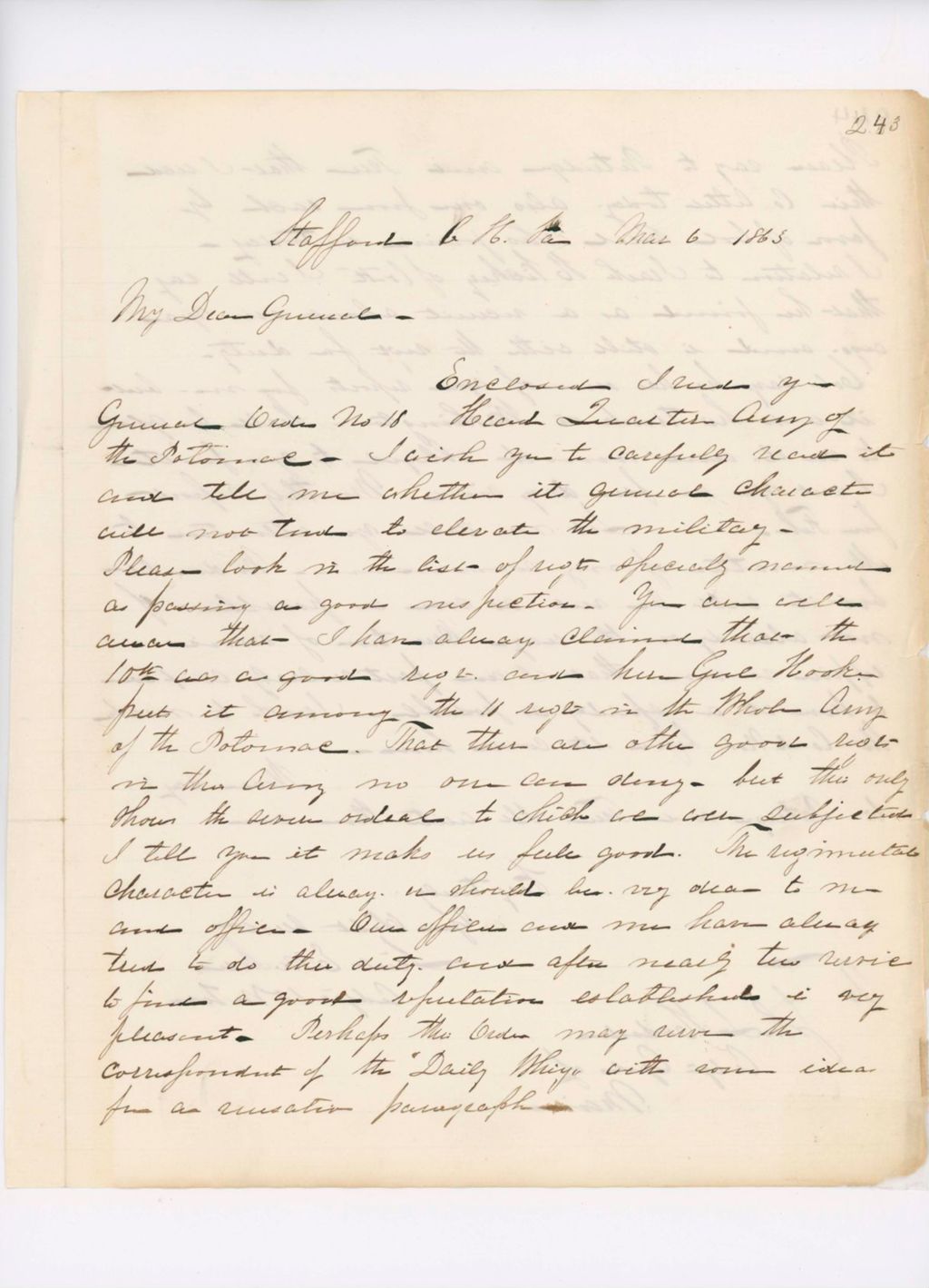 Miniature of Shaw Letter to Hodsdon Regarding Monthly Returns, March 3, 1863