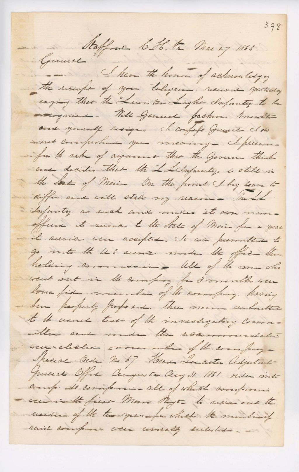 Miniature of Letter to Hodsdon Regarding Inspection Reports, March 7, 1863