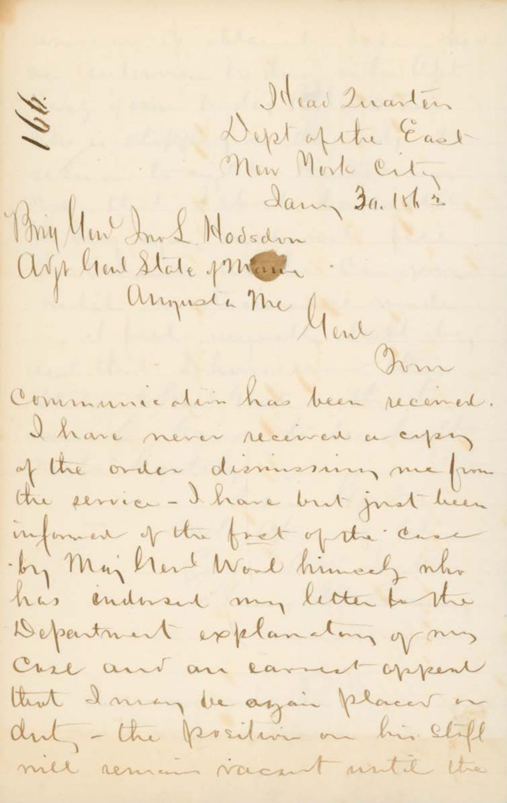 Miniature of Letter to Hodsdon Regarding teh Veteran Regiment, August 28, 1863