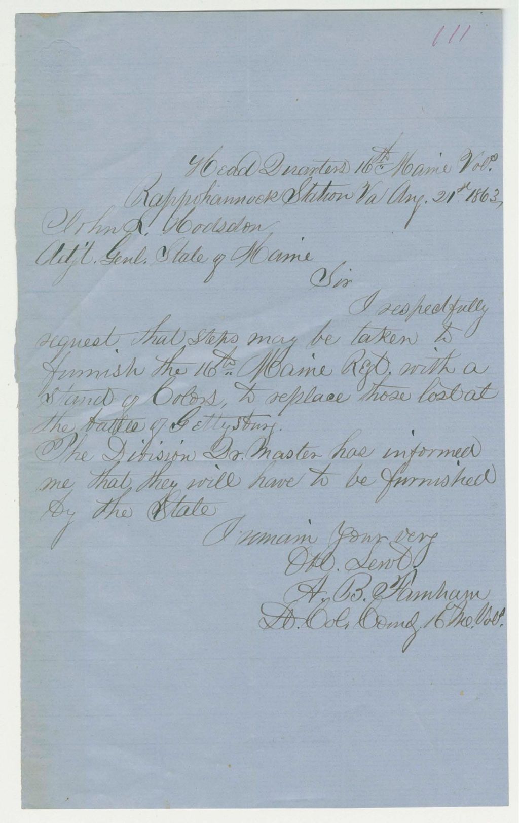 Miniature of Lt. Colonel Augustus B. Farnham to Adjutant General Hodsdon