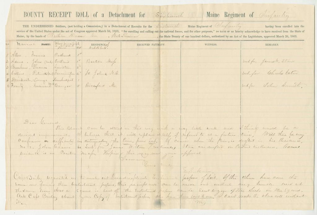 Miniature of Undated (circa 1863) -  Bounty receipt roll of a detachment for 16th Maine Regiment
