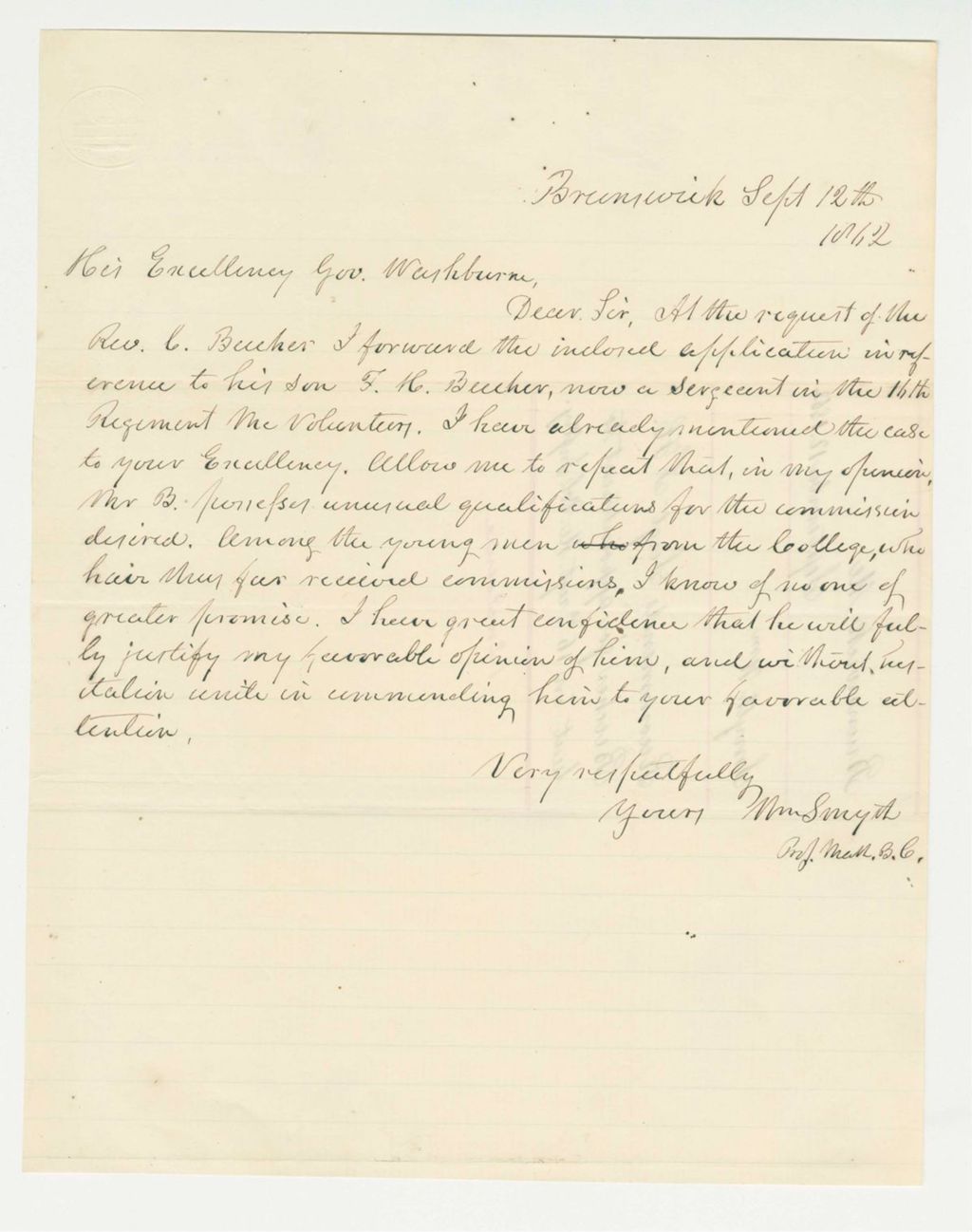 Miniature of William Smyth recommends Sergeant F.H. Becker for lieutenant