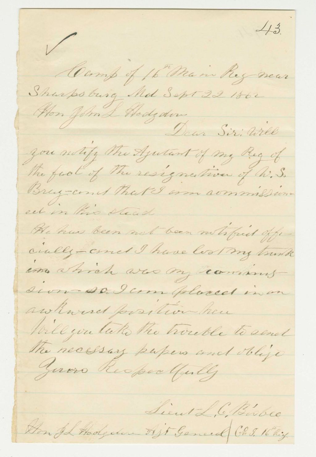 Miniature of Lieutenant Bisbee informs Adjutant Hodsdon of W.S. Bray's resignation and his appointment to the position