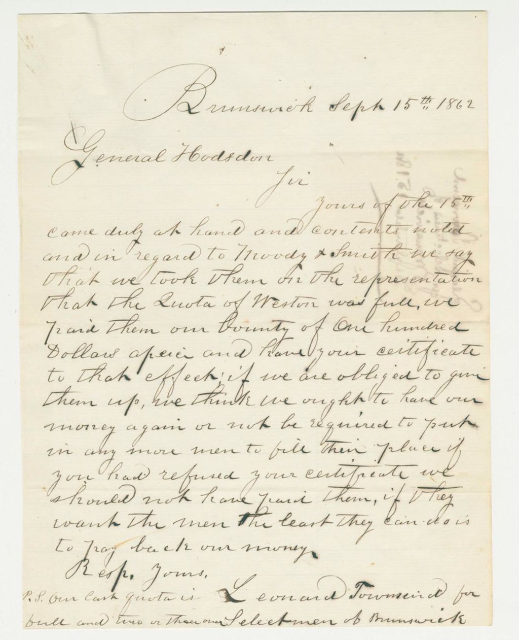 Miniature of Lemuel Townsend and selectmen of Brunswick request return of quota money