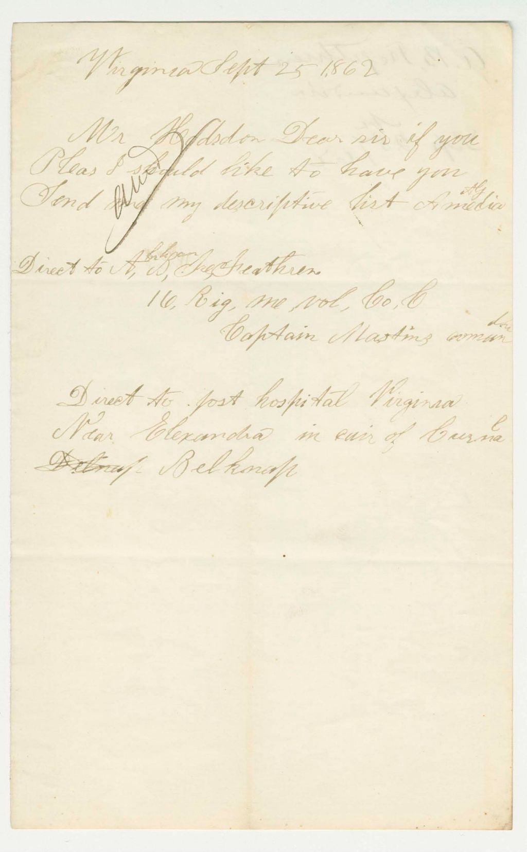 Miniature of Abraham B. Treferthen requests his descriptive list be sent to the hospital
