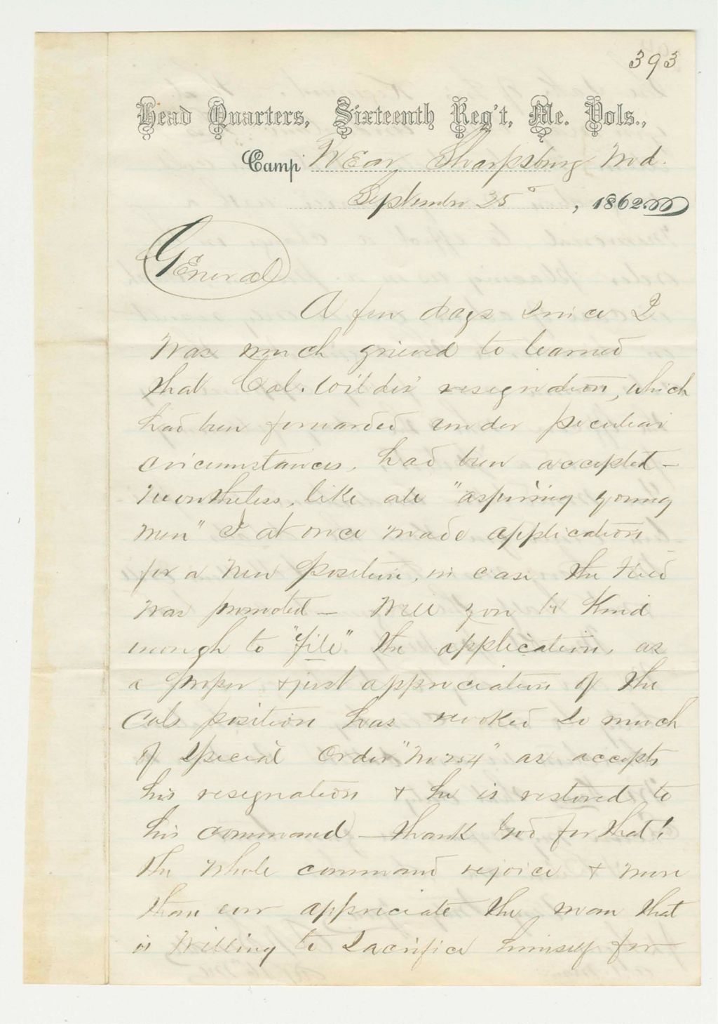 Miniature of A. Small asks that his application for promotion be filed away as Col. Wildes is restored to his command