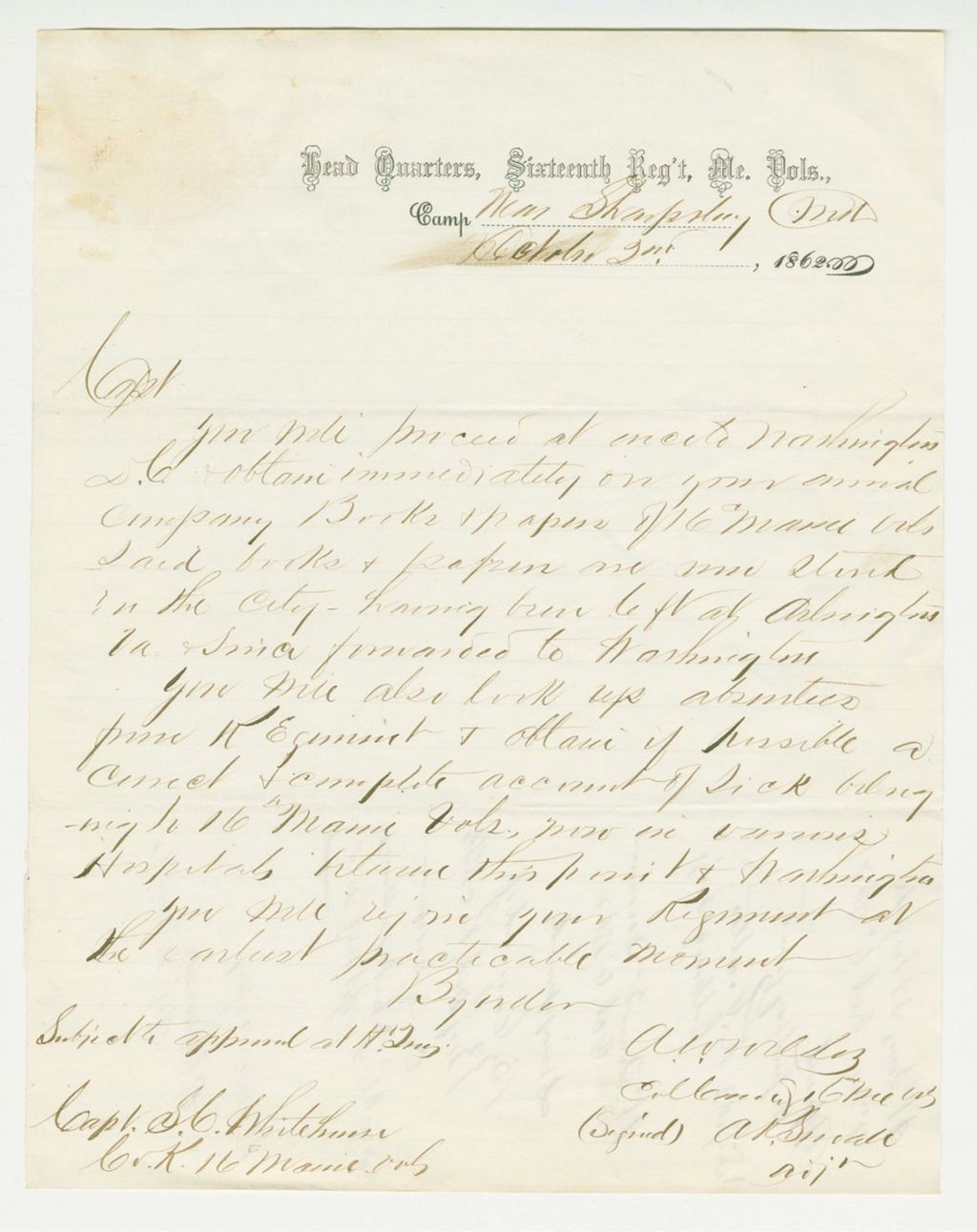 Miniature of Colonel Asa Wildes orders Captain Whitehouse to go to Washington to account for absentee soldiers