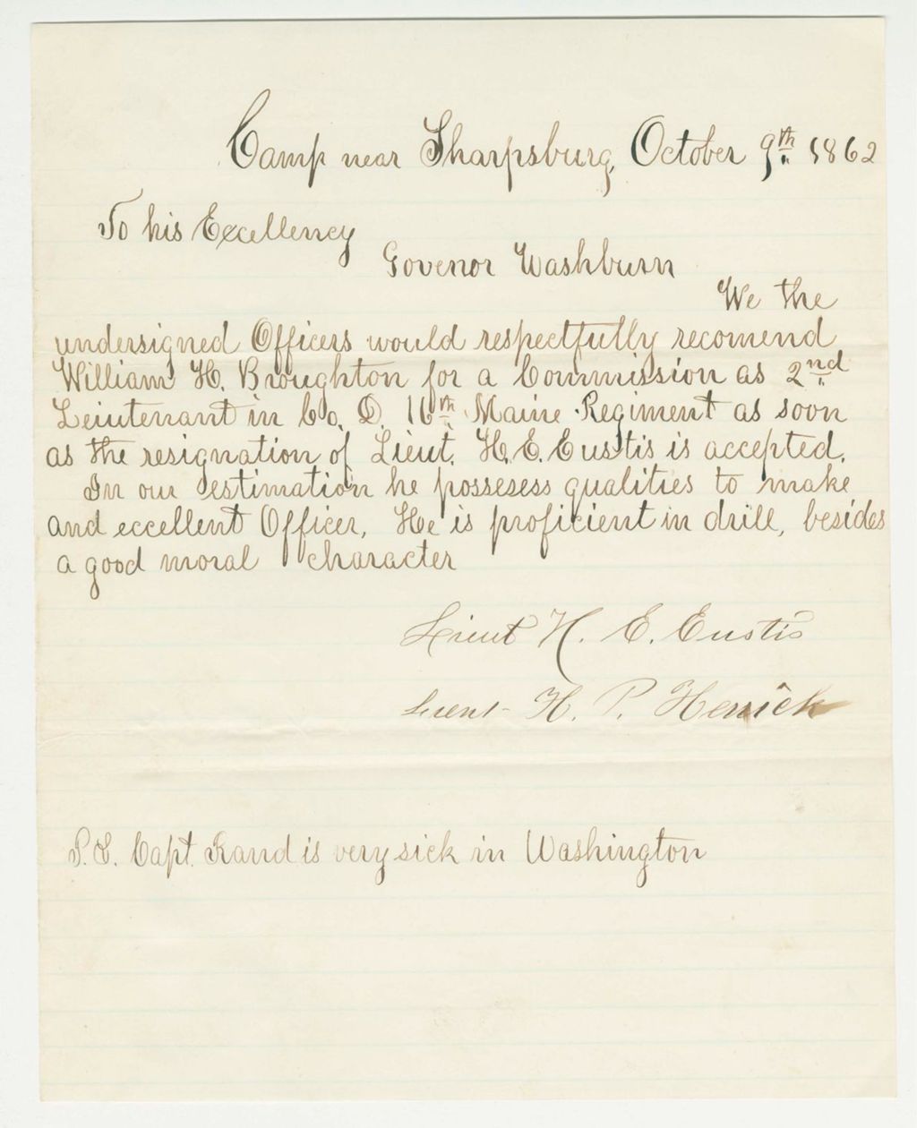 Miniature of Lieutenants Eustis and Herrick recommend William H. Broughton for commission