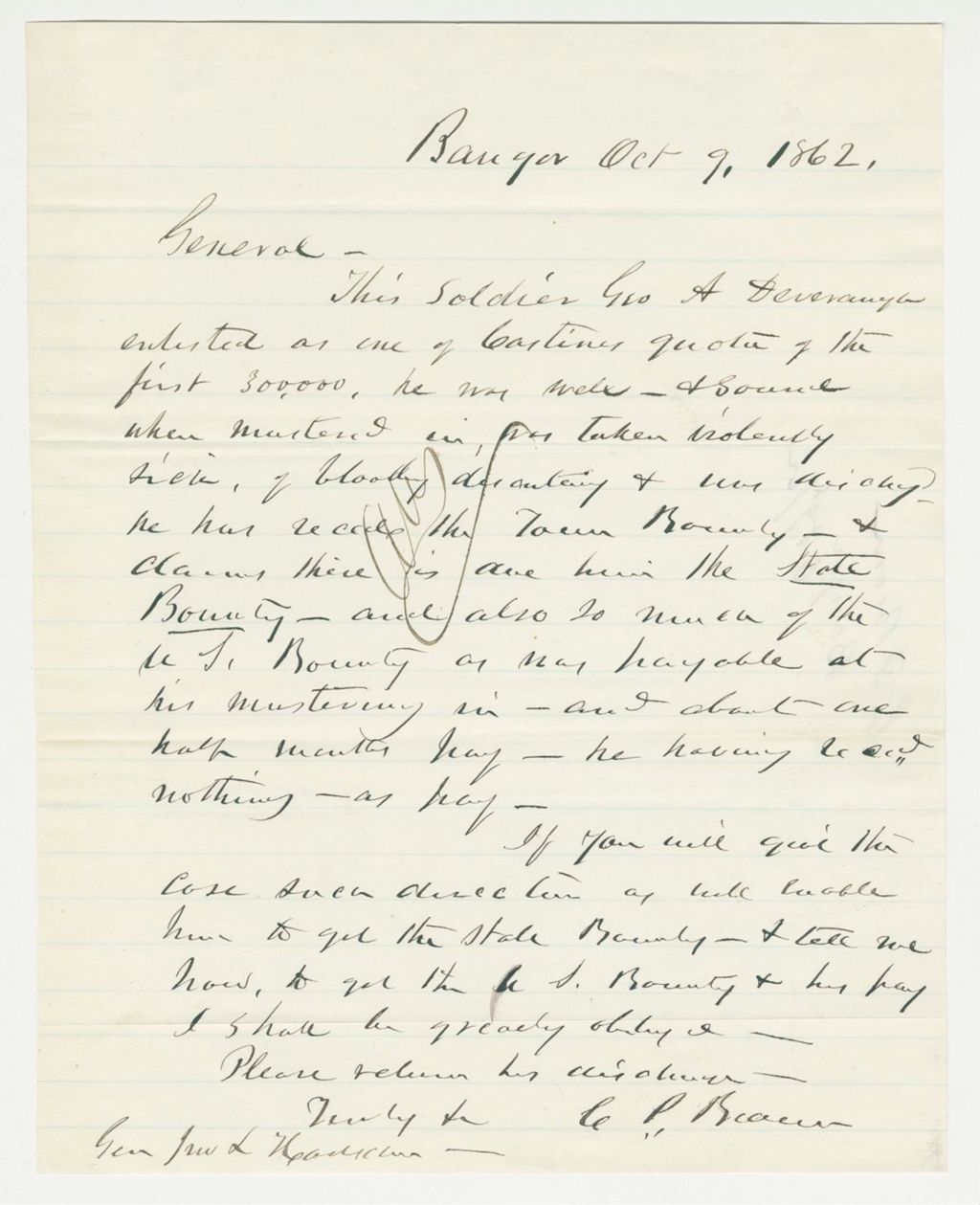 Miniature of C.P. Brown writes Adjutant General Hodsdon regarding George A. Deveraugh who is ill with dysentery