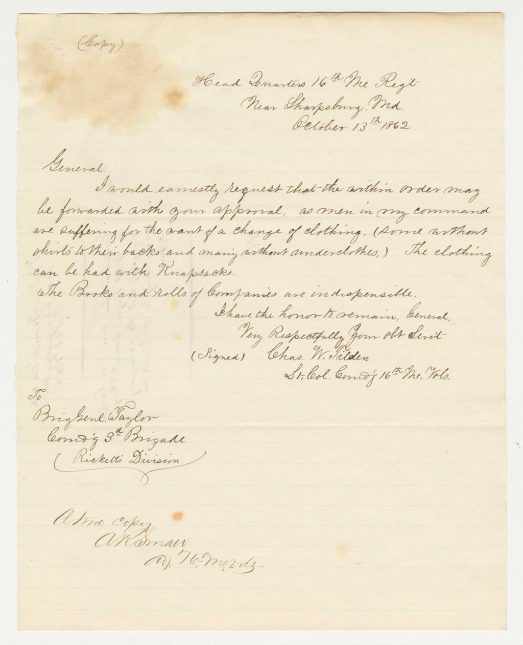 Miniature of Lt. Colonel Charles Tilden requests clothing for his men