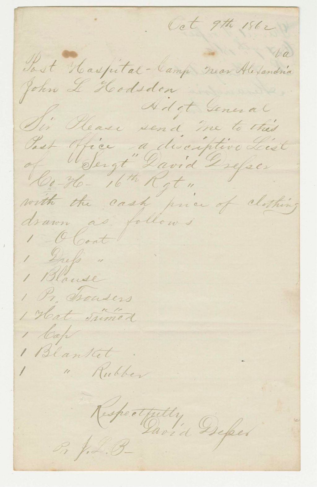 Miniature of David Dresser requests his descriptive list and cash price of clothing