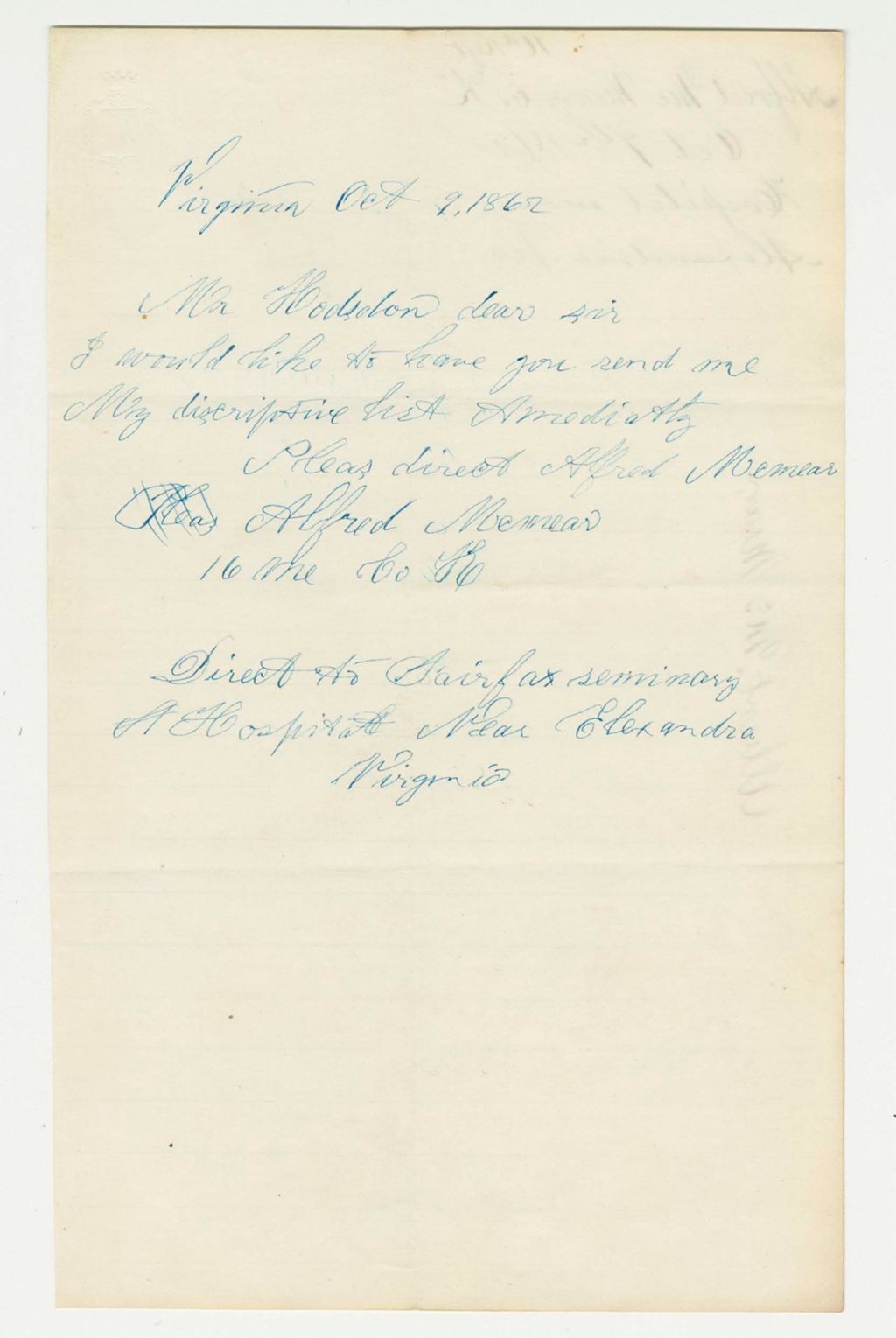Miniature of Alfred McMear of Company K requests his descriptive list be sent to him at Fairfax Seminary Hospital