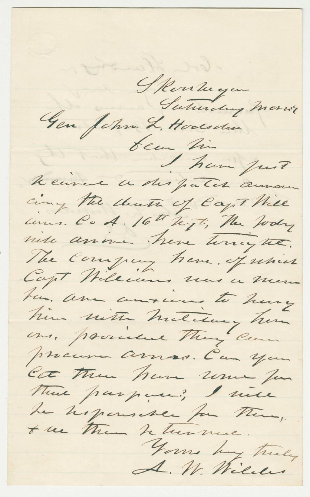 Miniature of Colonel A.W. Wildes writes General Hodsdon regarding the death of Captain Williams of Company A