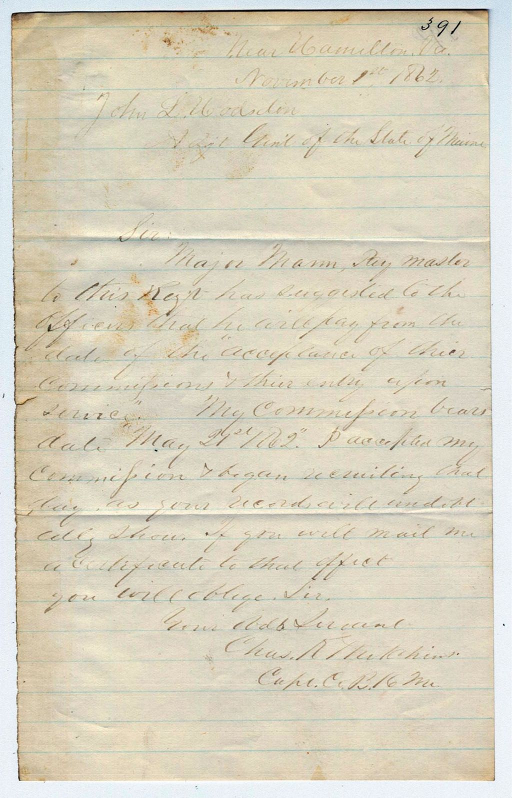 Miniature of Captain Charles Hutchins writes General Hodsdon regarding his date of commission