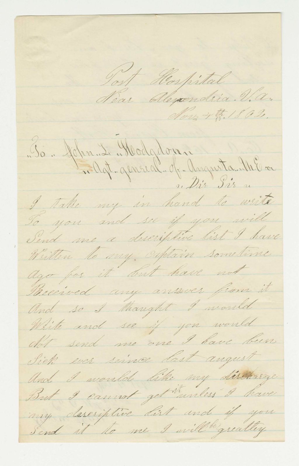 Miniature of Cyrus Hall of Company A requests his descriptive list be sent to the Post Hospital