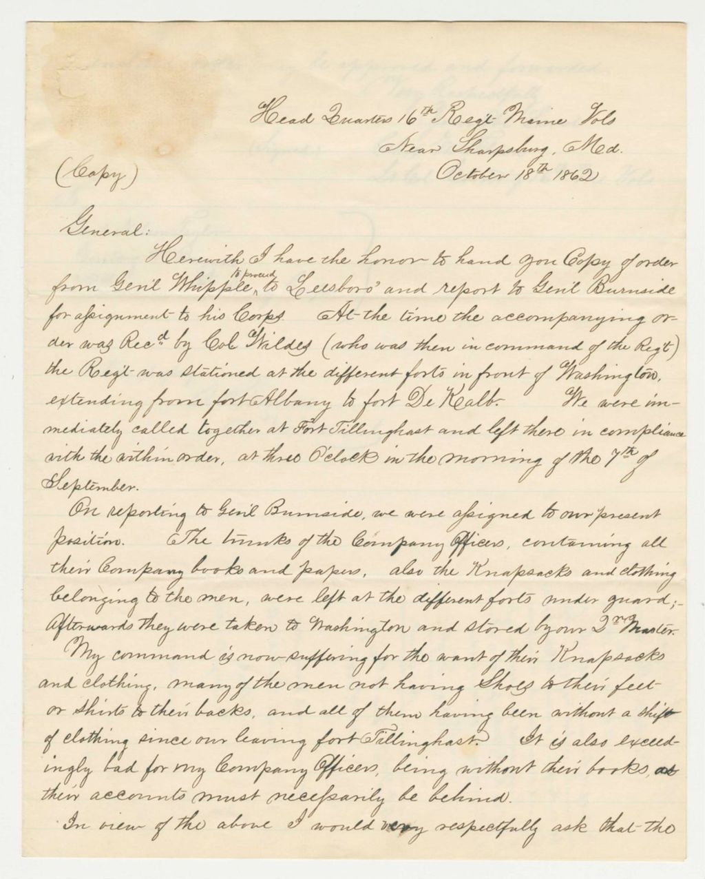 Miniature of Lt. Colonel Charles Tilden orders Captain Ayer to obtain books, knapsacks, and clothing for the regiment
