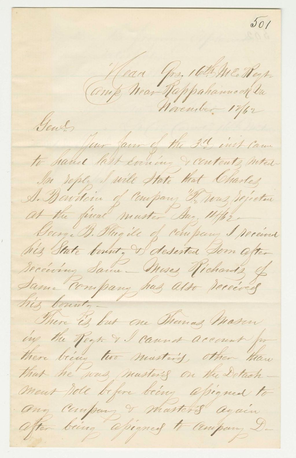 Miniature of Lt. Colonel Tilden writes Adjutant General Hodsdon regarding rejected and absent men