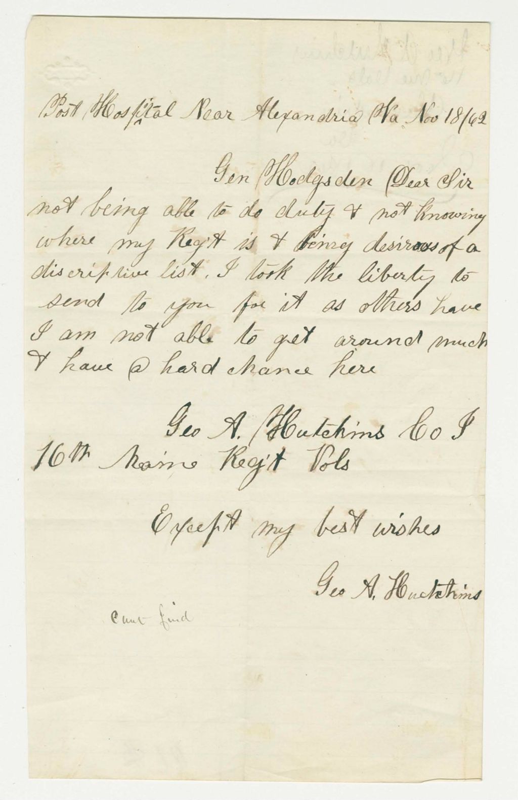 Miniature of George A. Hutchins requests his descriptive list
