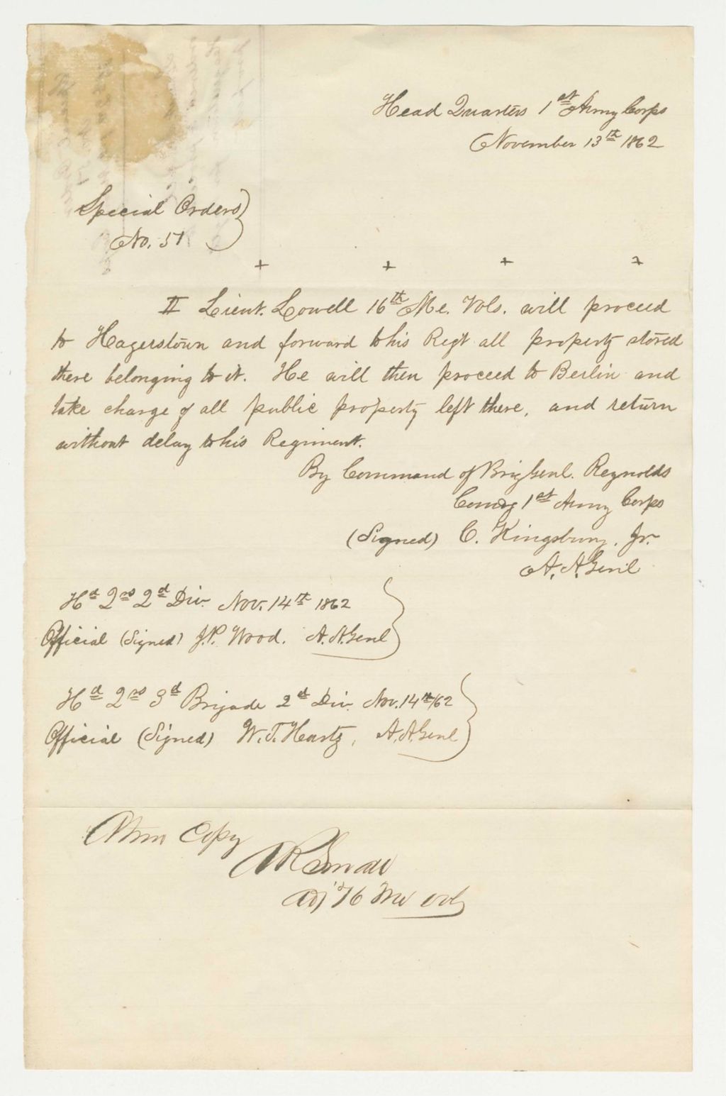 Miniature of Special Order 51 ordering Lieutenant Lowell to take charge of all public property in Hagerstown and Berlin