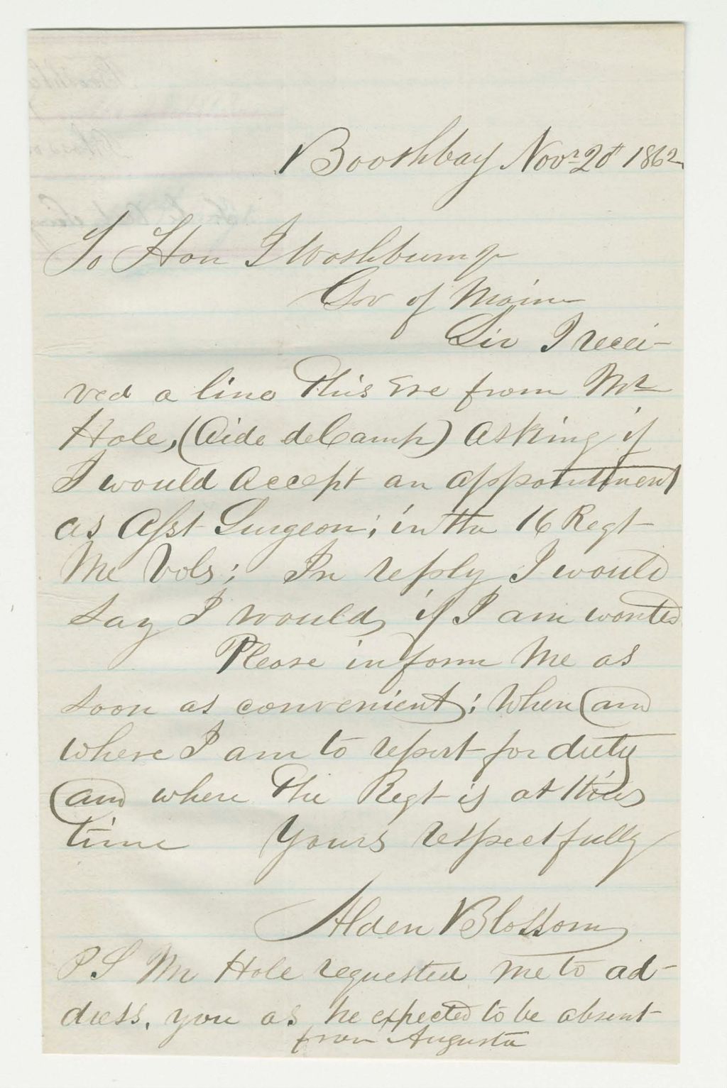 Miniature of Alden Blossom accepts appointment as assistant surgeon